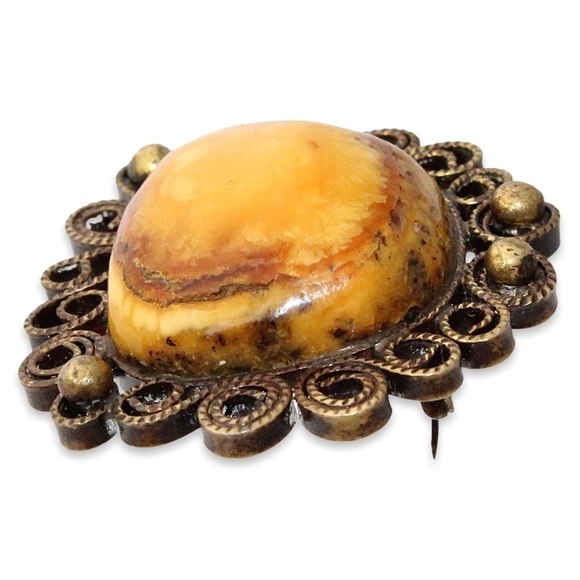 Antique Genuine Baltic Amber Brass Brooch Pin Butterscotch / Egg Yolk Yellow - Picture 3 of 5